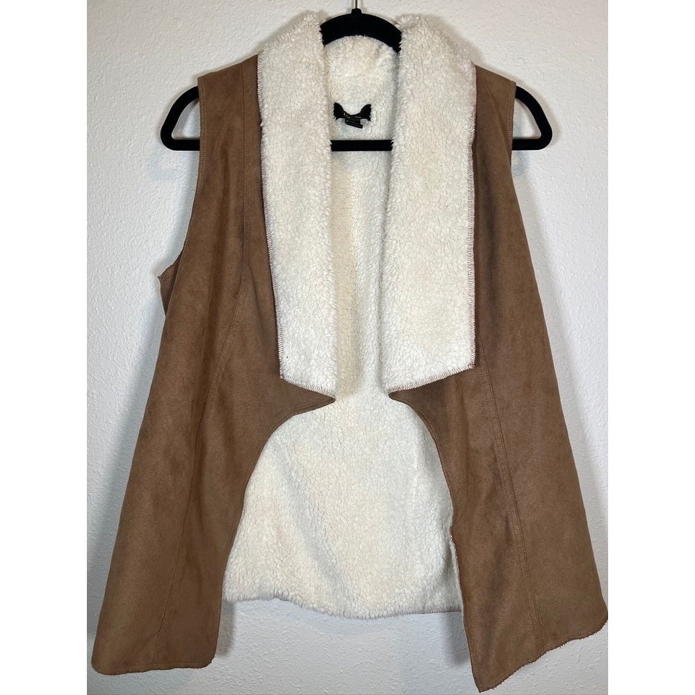 BCX Faux Suede Sherpa Lined Vest Small Brown Waterfall Open Draped Gorpcore Cozy